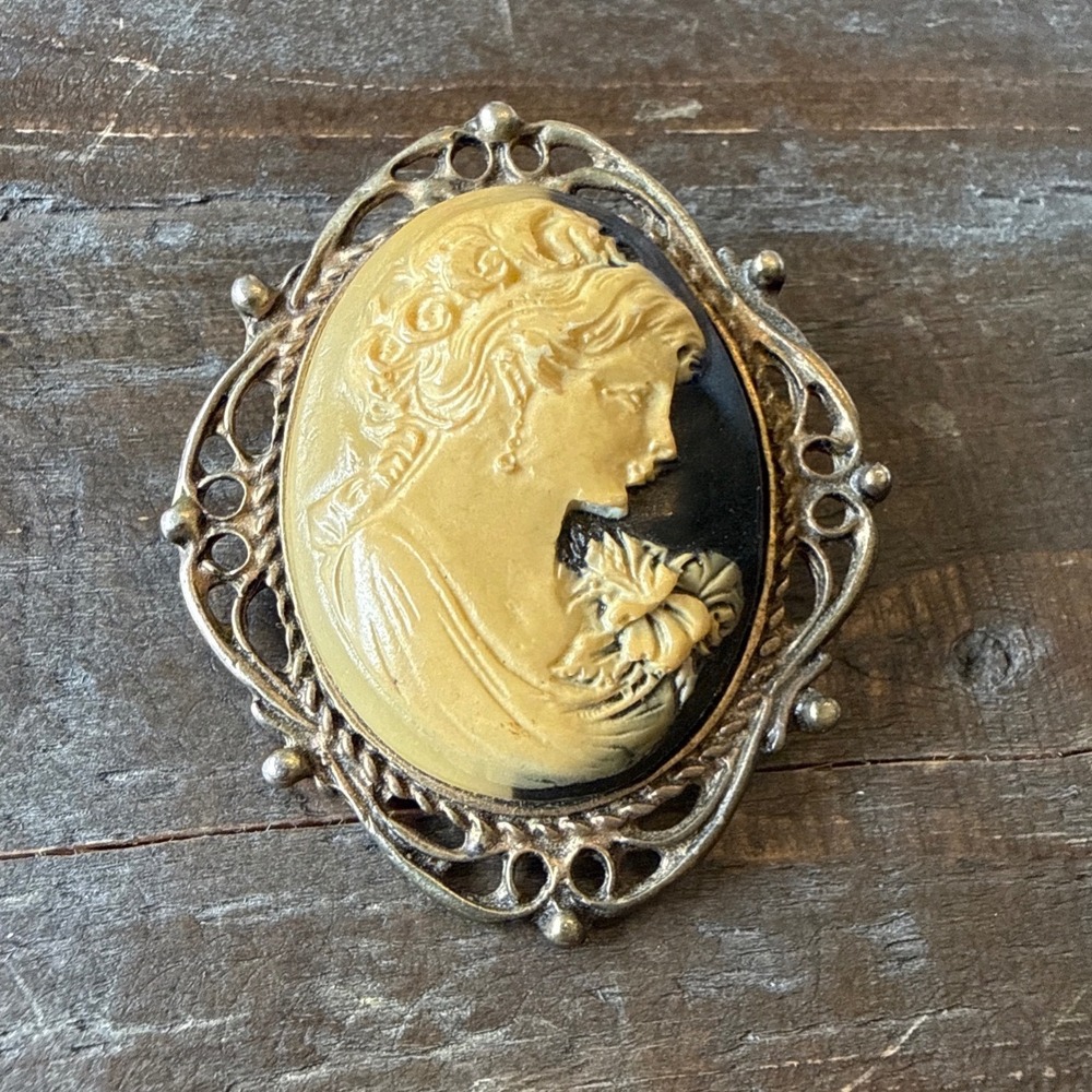 Cameo Lady Brooch Vintage Style Resin Carved Portrait Gold Tone Frame